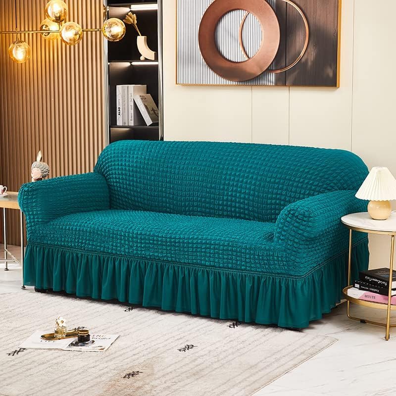 Image of House of Quirk Turkish Bubble Frill Five Seater 3 + 1 + 1 Sofa Slipcovers 280 GSM, Durable Washable Universal Triple Seater High Elastic Furniture Protector (Teal)