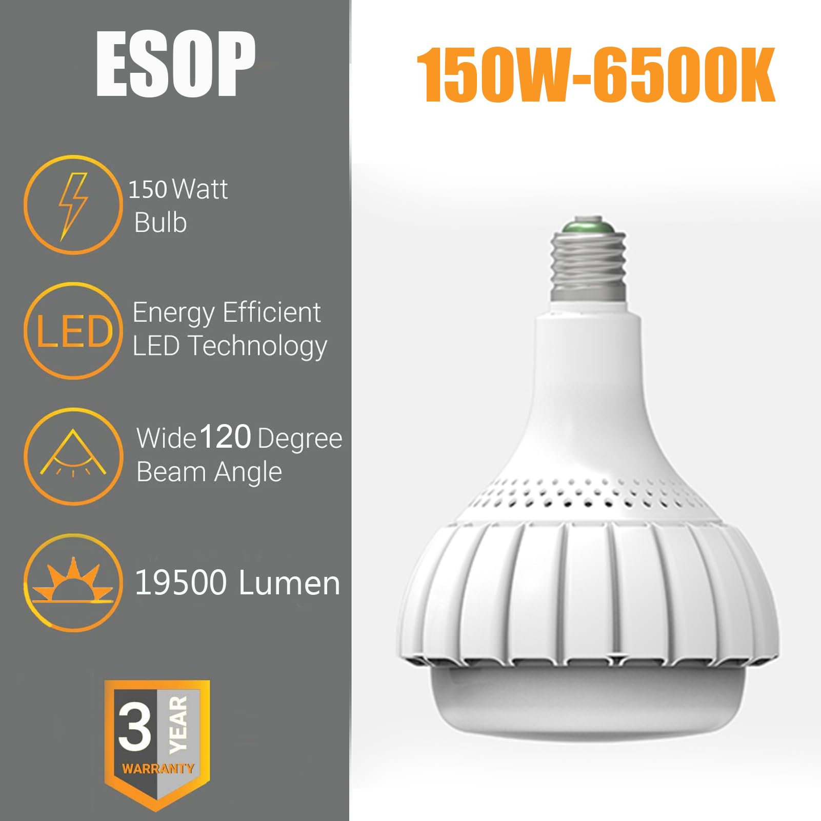 ESOP LED Lampadina E40 150W Luce Bianco Freddo con E27 Adattatore, Equivalenti1200W Incandescenza, 19500LM Industriale Lampadine a Led, 6500K Risparmio Energetico Lampada per Garage, Magazzino