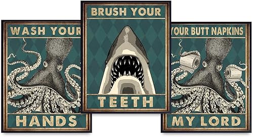 Octopus Decor Shark Wall Decor - Wash Your Hands, Brush Your Teeth Kids Bathroom Decoration - Ocean Beach nautical Print - Green Bathroom Wall Art -
