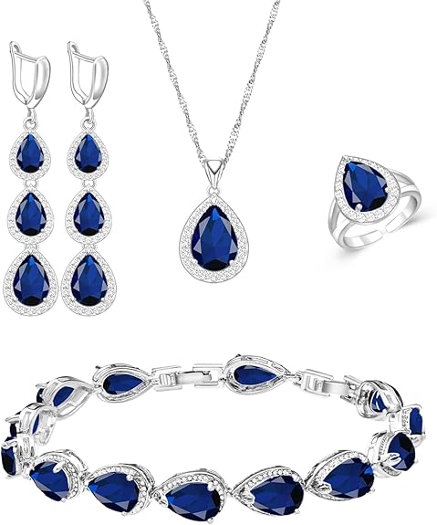 145 |LMXXVJ  | Juego de collar y aretes largos, chapado en oro blanco, juego de joyas de zafiro azul creado para boda, fiesta, regalo para mujeres y damas de honor
