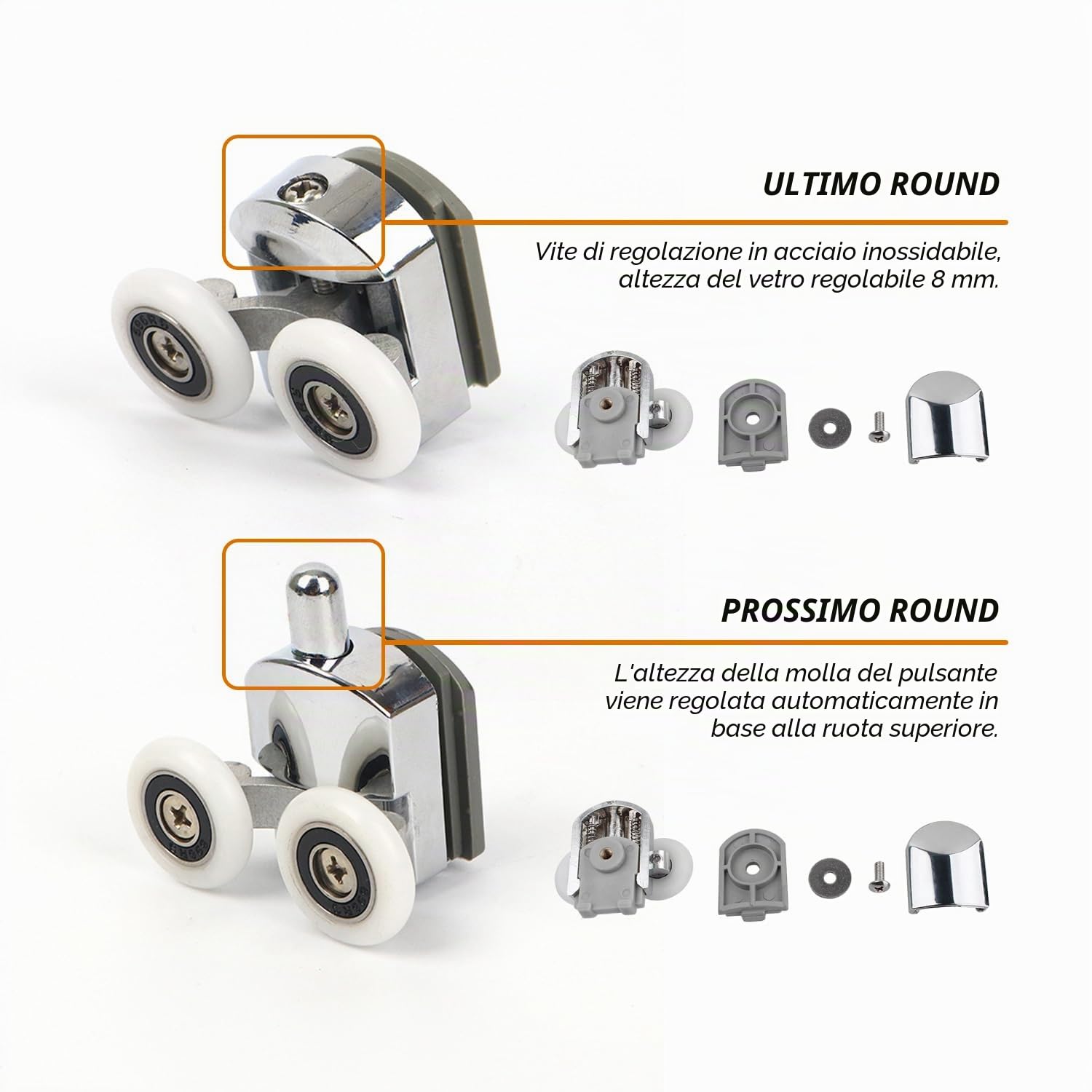 4 ruote per porta doccia, ruote per porte in vetro, ruote regolabili in altezza, doppie ruote superiori superiori doppie in vetro, adatte per tutti i tipi di bagni (25 mm)