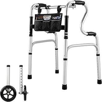 Stepped Handrail Walker with 6-inch Bearings Wheels - Aluminum Foldable Walkers for Seniors, 8-Level Height Adjustable Walkers for Elderly, Lightweight Folding Walker with Small Bag, Silver