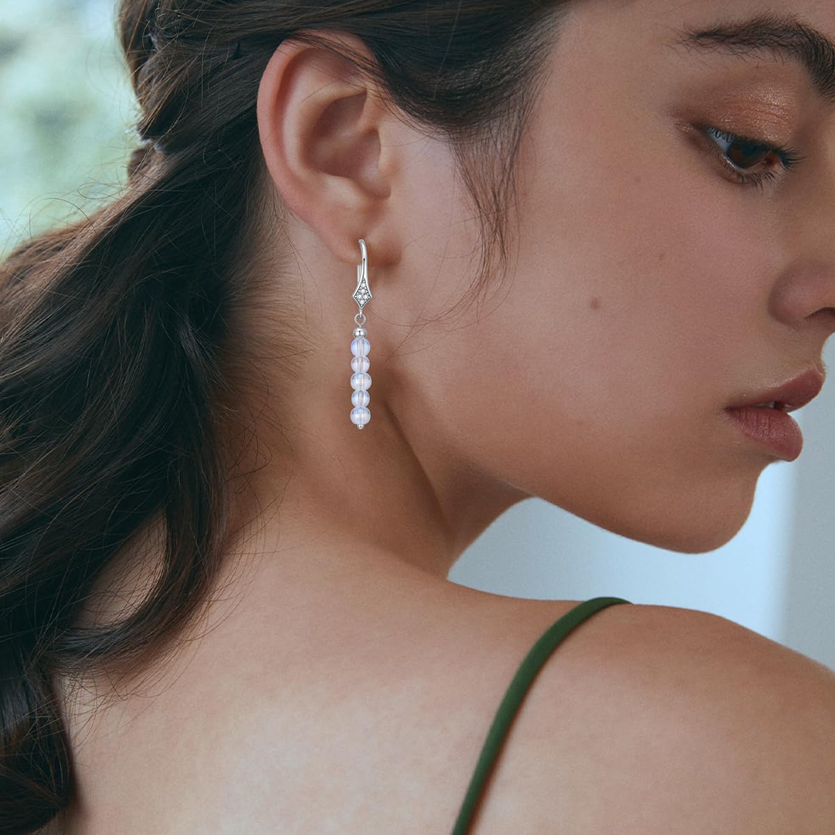 925 Sterling Silver Diamond Moonstone Earrings, Bead Moonstone Dangle Drop Earrings for Women, Diamond Jewelry Gift for Valentine's Day Birthday Anniversary - Image 5