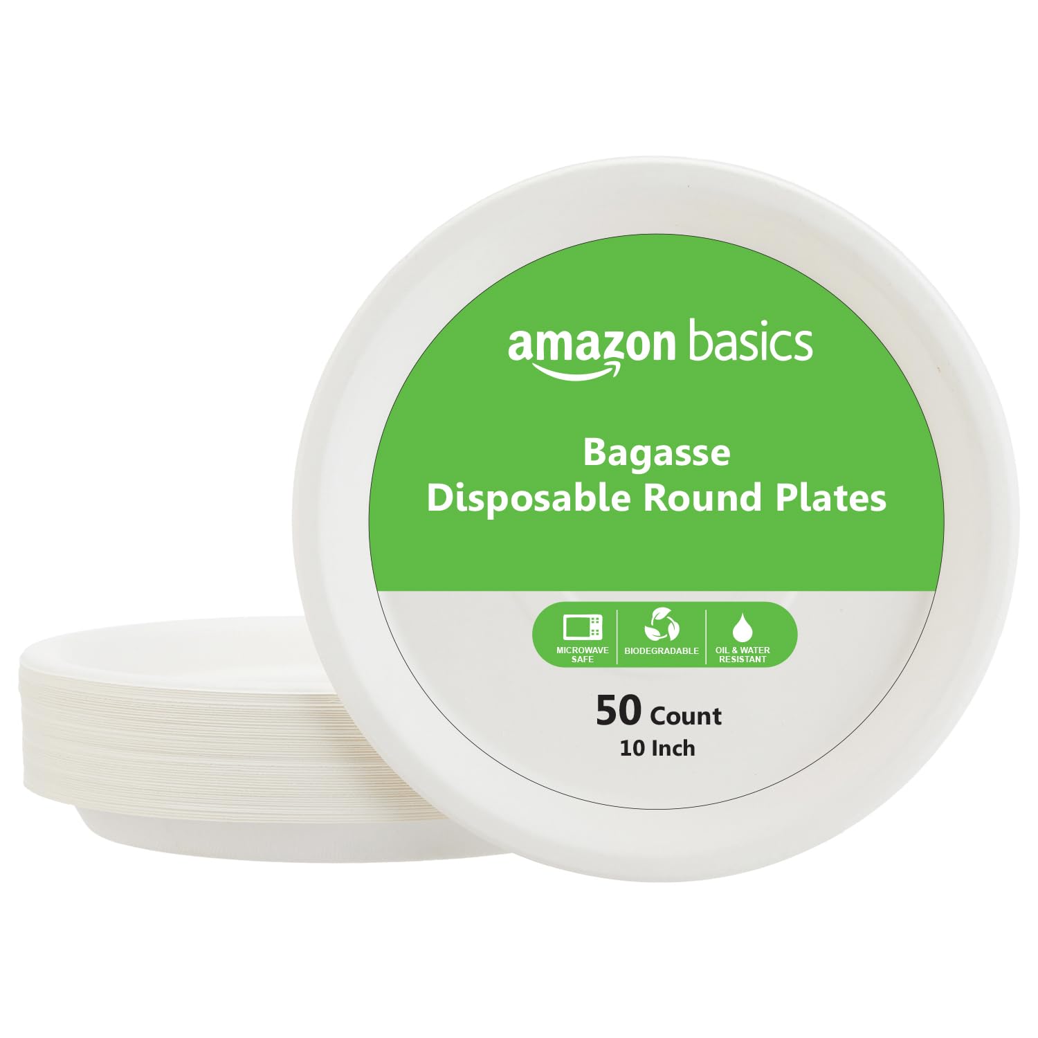 Amazon Basics Bagasse Disposable Round Plates | 10 Inch – Pack of 50 | Biodegradable | Leak-Resistant | Hot & Cold Food Safe | Eco-Friendly | Party, Weddings, Birthdays, Events, Travel Plates