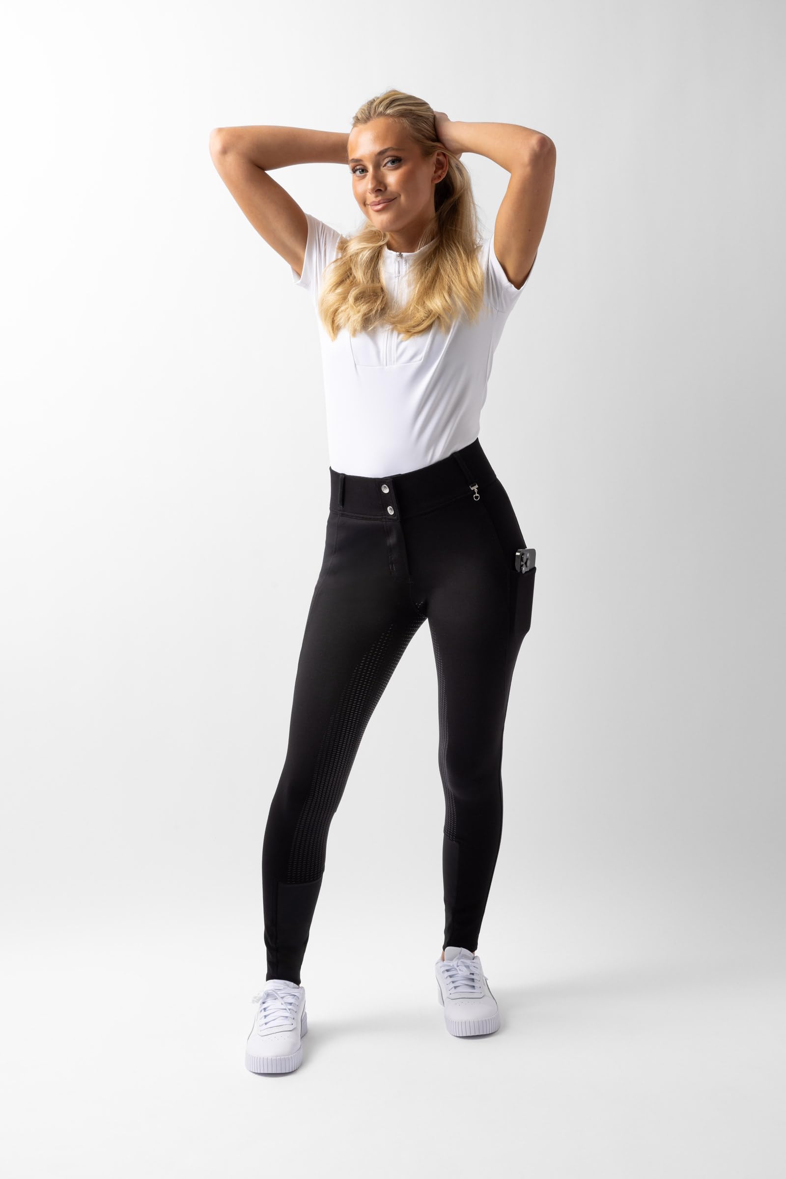HORZE Reithose Damen Mira, Reitleggings mit Handytasche, Gürtelschlaufen und Vollbesatz, Schwarz, 40