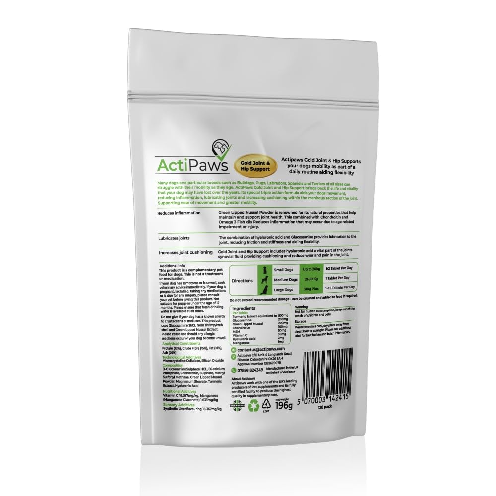 Actipaws Gold - Hip & Joint Supplement for Adult Dogs - with Glucosamine, Chondroitin, Green Lipped Mussel Aged 6 & Up (60 Tablets) - Image 2