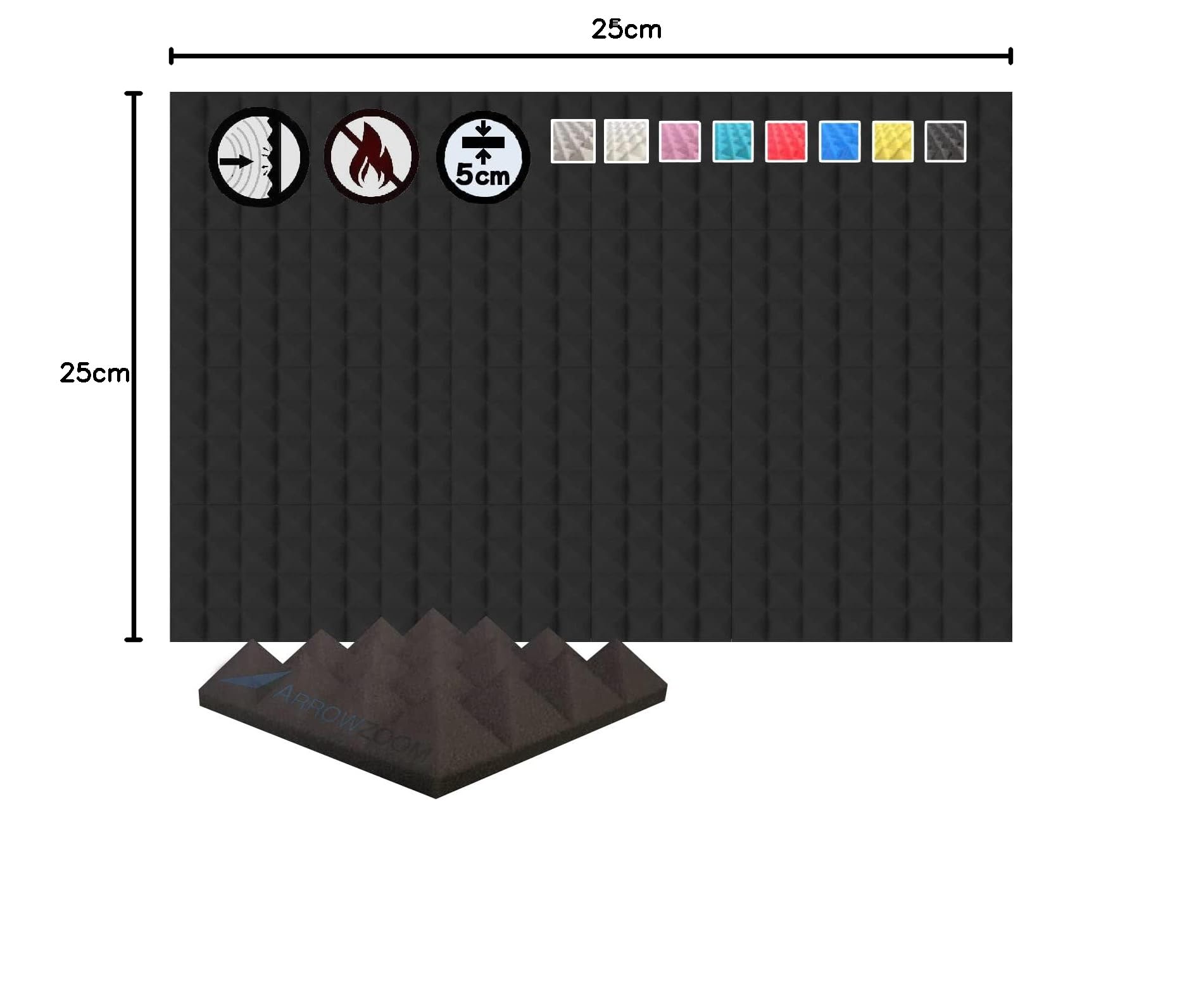 Acoustic Foam Panels 24 Pack Pyramid Sound Absorbing Foam Tiles 25x25x5cm, High Density Studio Acoustic Panels for Echo Reduction, Recording, Gaming, Home Office Wall Treatment , 1034 Black — view 10