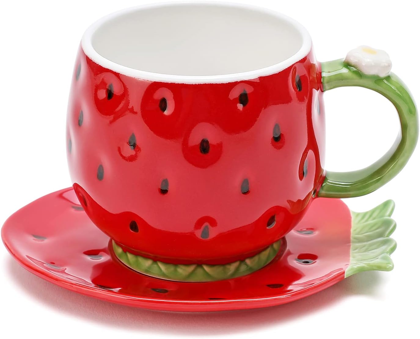 Noviko Ceramic Tea Cup and Saucer Coffee Mug Strawberry Coffee Cup with Saucer - 8 Ounce (Red)