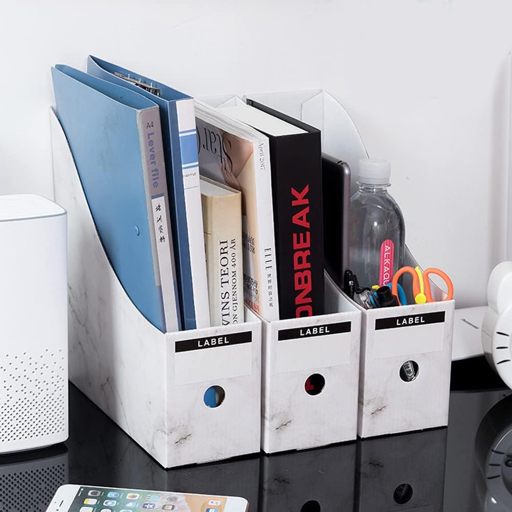 Foldable Desk File Holder Organizer Sturdy Cardboard Magazine Storage Box Document Rack with Blank Label Stickers for Home School Office (5, Marble)