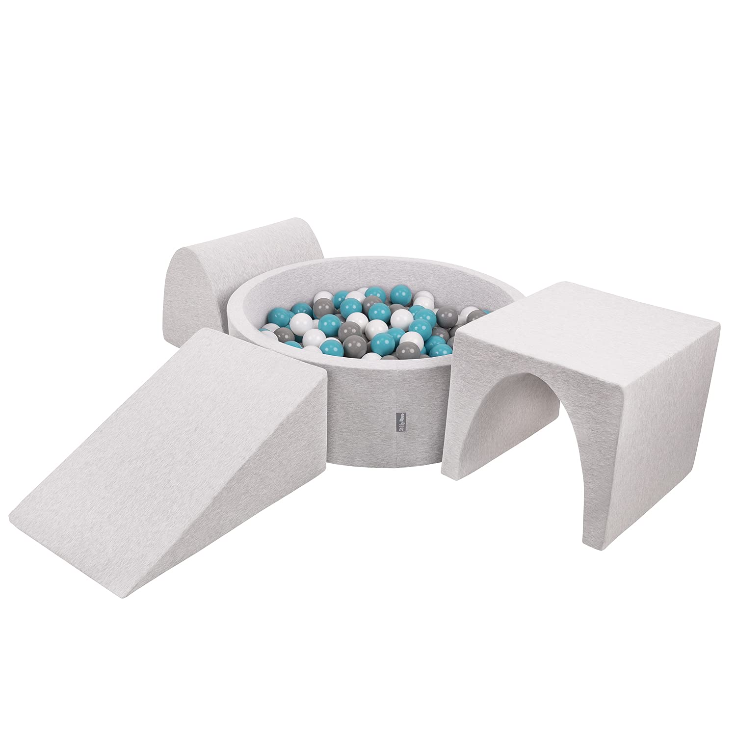 KiddyMoon Foam Playground For Kids With Round Ballpit (200 Balls) Obstacle Course, Lightgrey:Grey/White/Turquoise — image 1