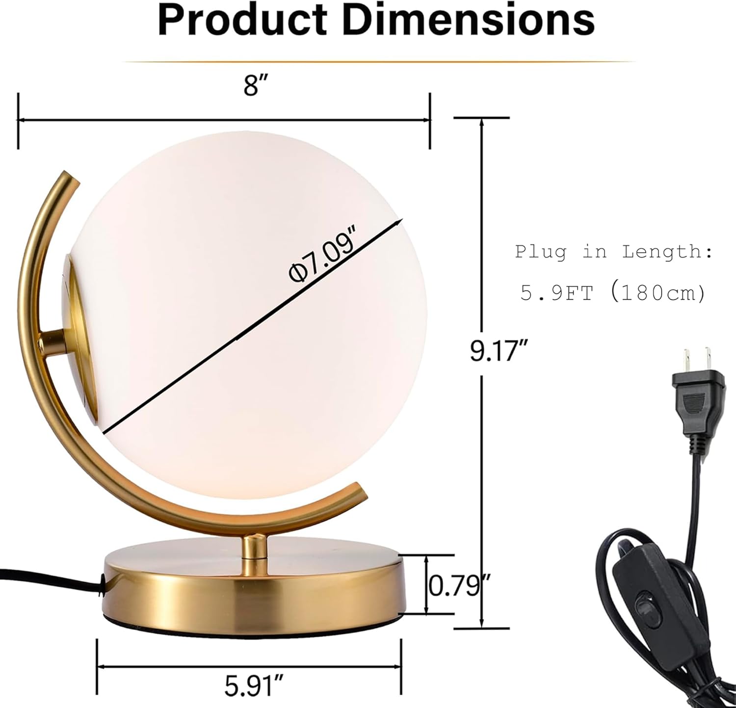 Gold Modern Globe Table Lamp with 7.1'' Glass Goble Shade Mid Century Table Lamps Desk lamp Metal Standing lamp for Bedroom Living Room Office