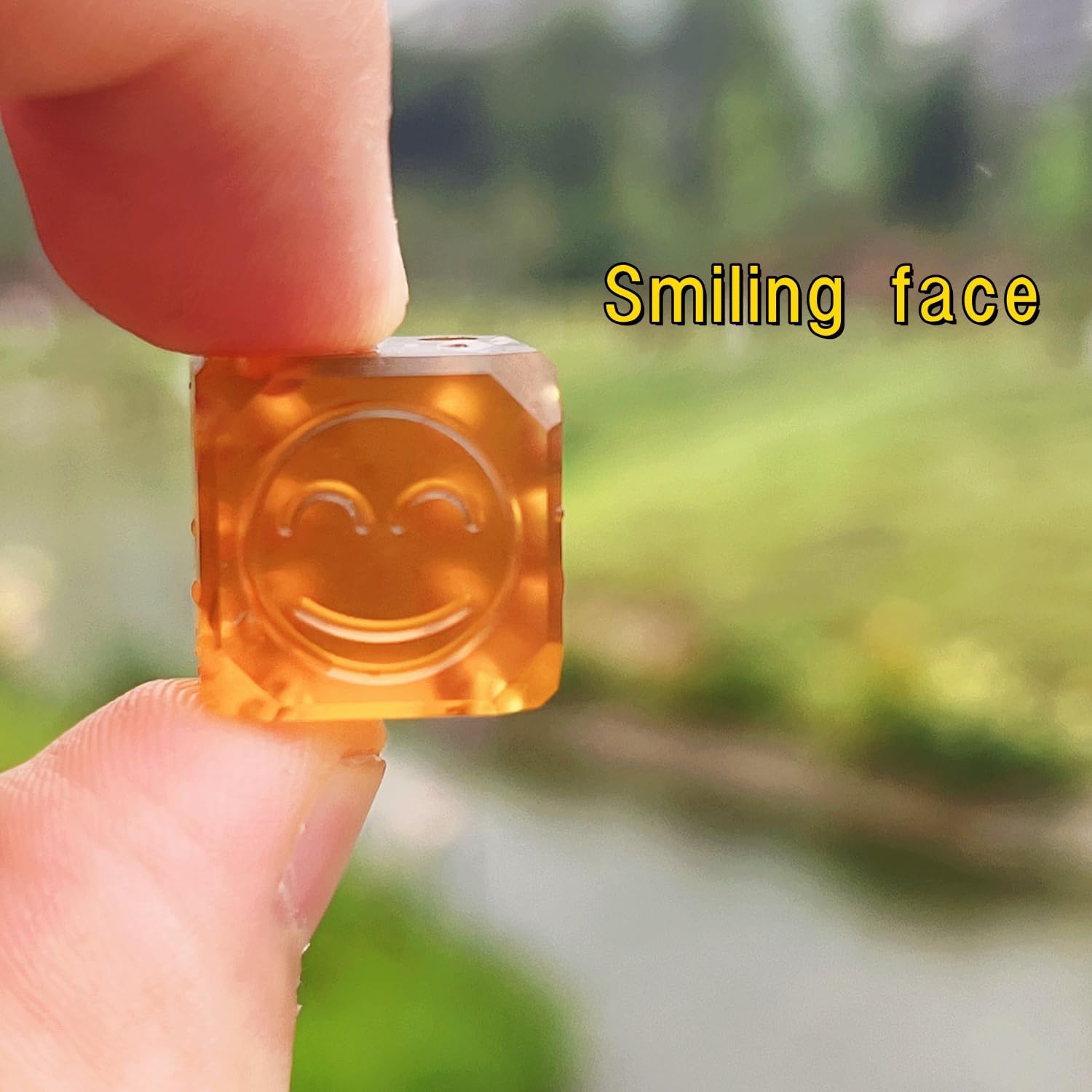 2Pcs PEI Emoticon Dice, Happy/Sad Face Game Dice, EDC Lightweight Translucent Amber Solid 0.59Inch D6 Dice