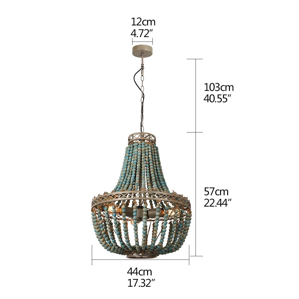 FIRVRE 3-Light Blue Lámpara de Techo de Cuentas de madera Natural Iluminación de techo E27 Bohemian Boho Loft French Countryside interior candelabro Plafón antigua para Cocina Isla Comedor