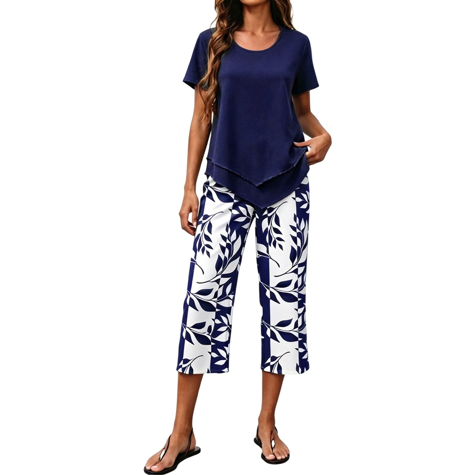 2 Teiler Damen Sommer, Freizeitanzug Set Trainingsanzug Zweiteiler Elegant Unregelmäßiger Kurzarm Oberteil mit Blumendruck Caprihose Weites Bein 3/4 Hose