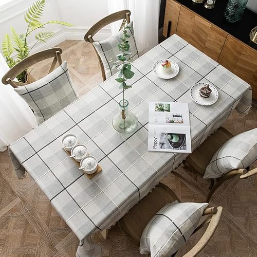 image for Neelvin Farmhouse Tablecloth Stitching Tassel Buffalo Plaid Cotton Lin