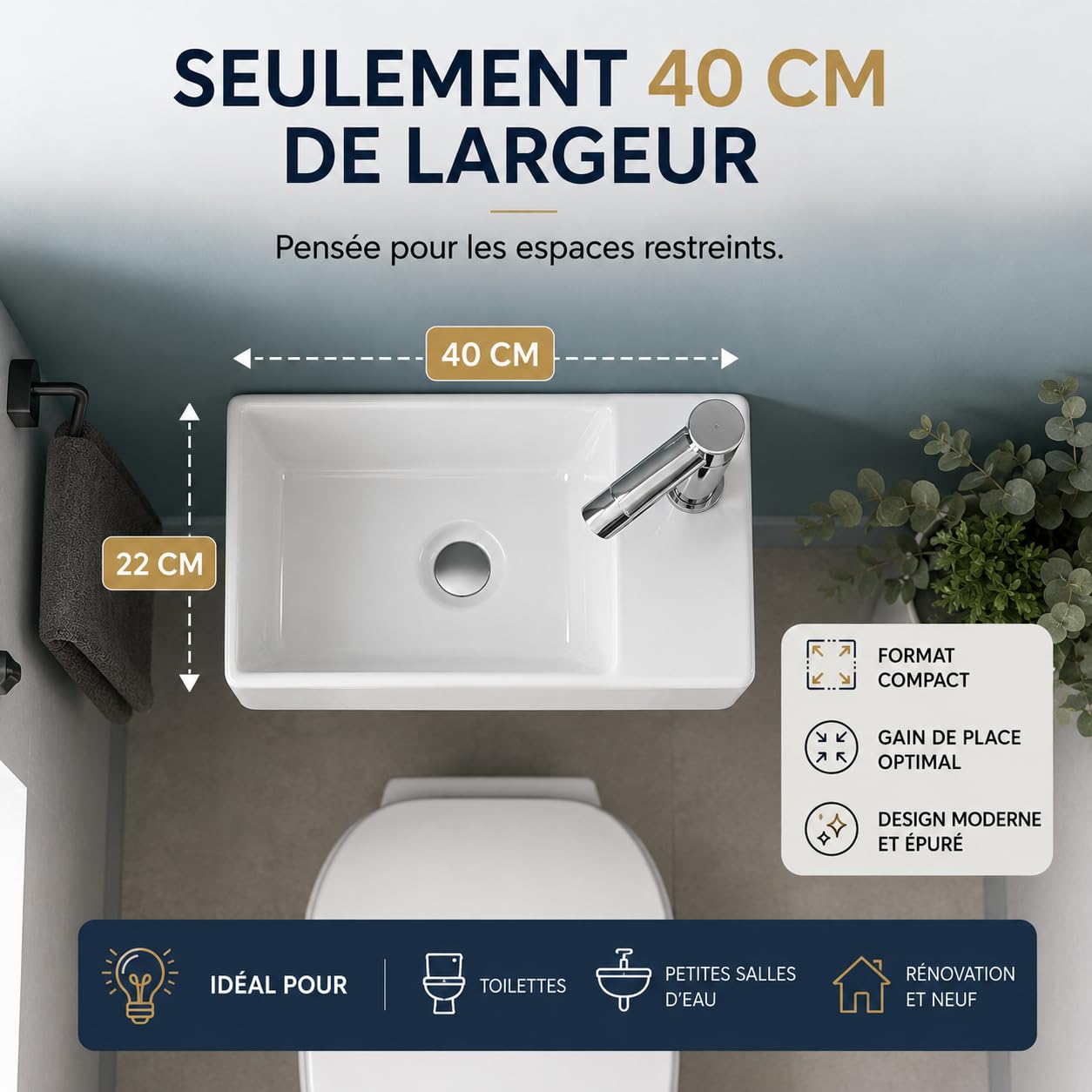 Lavapano rettangolare compatto in ceramica bianca – Lavabo da appoggio di piccole dimensioni, uscita destra – Lavabo design moderno per piccoli bagni e servizi igienici – 40 x 22 x 13 cm