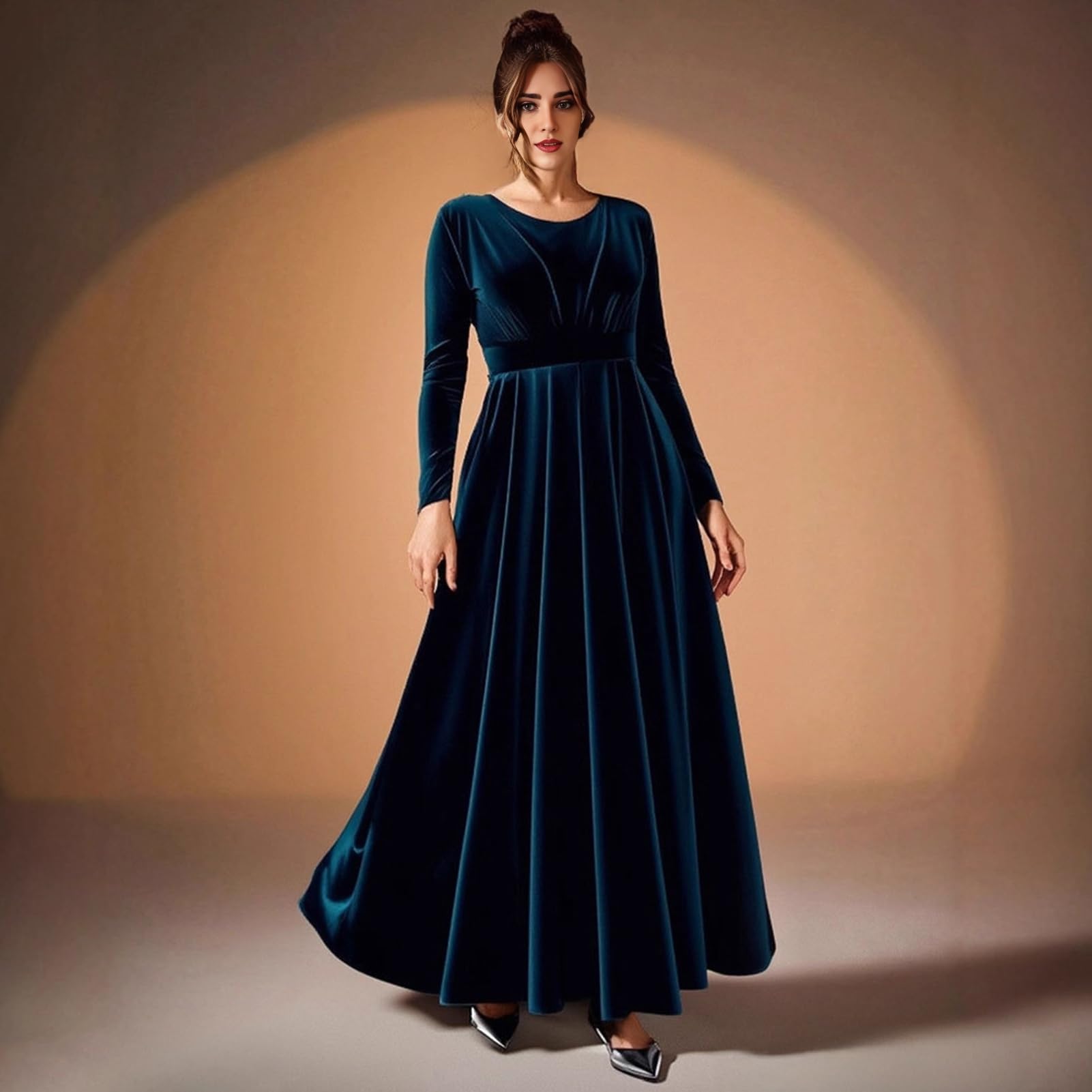 Damen Samt Maxikleid Casual Rundhals Langarm A-Linie Swing Kleid Elegant Herbst Formale Kleidung Groß für Cocktail Party Formelle Veranstaltungen