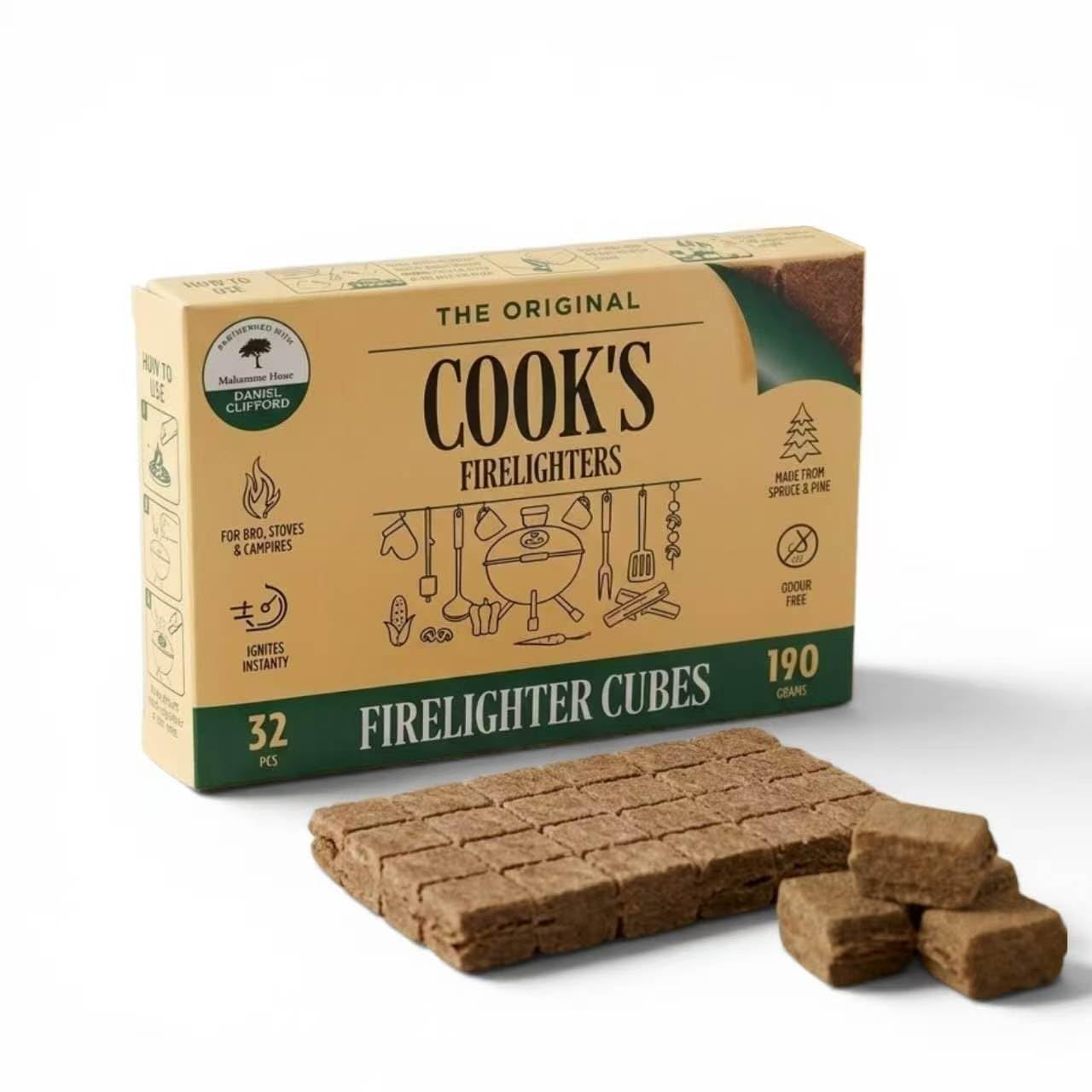 32pc Firelighter Cubes, 190g, Cook's Natural Firelighter Cubes, Compact Small Pack for BBQ, Stoves & Fireplaces (1-Box, 32pcs)