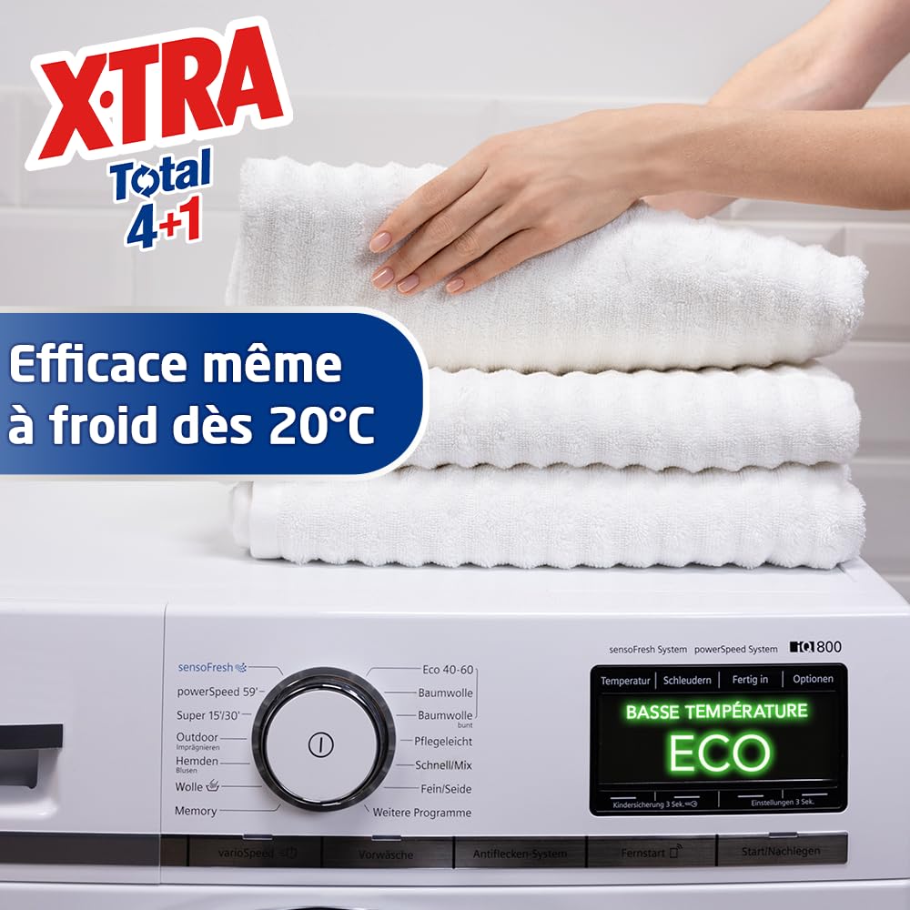 X-Tra Total, Lessive capsule, Trio-Caps, Total 4+1, Proprete, Eclat, Fraicheur, Engagé pour vous, Economique, Efficace des 20°C, 100% hydrosoluble, 108 lavages