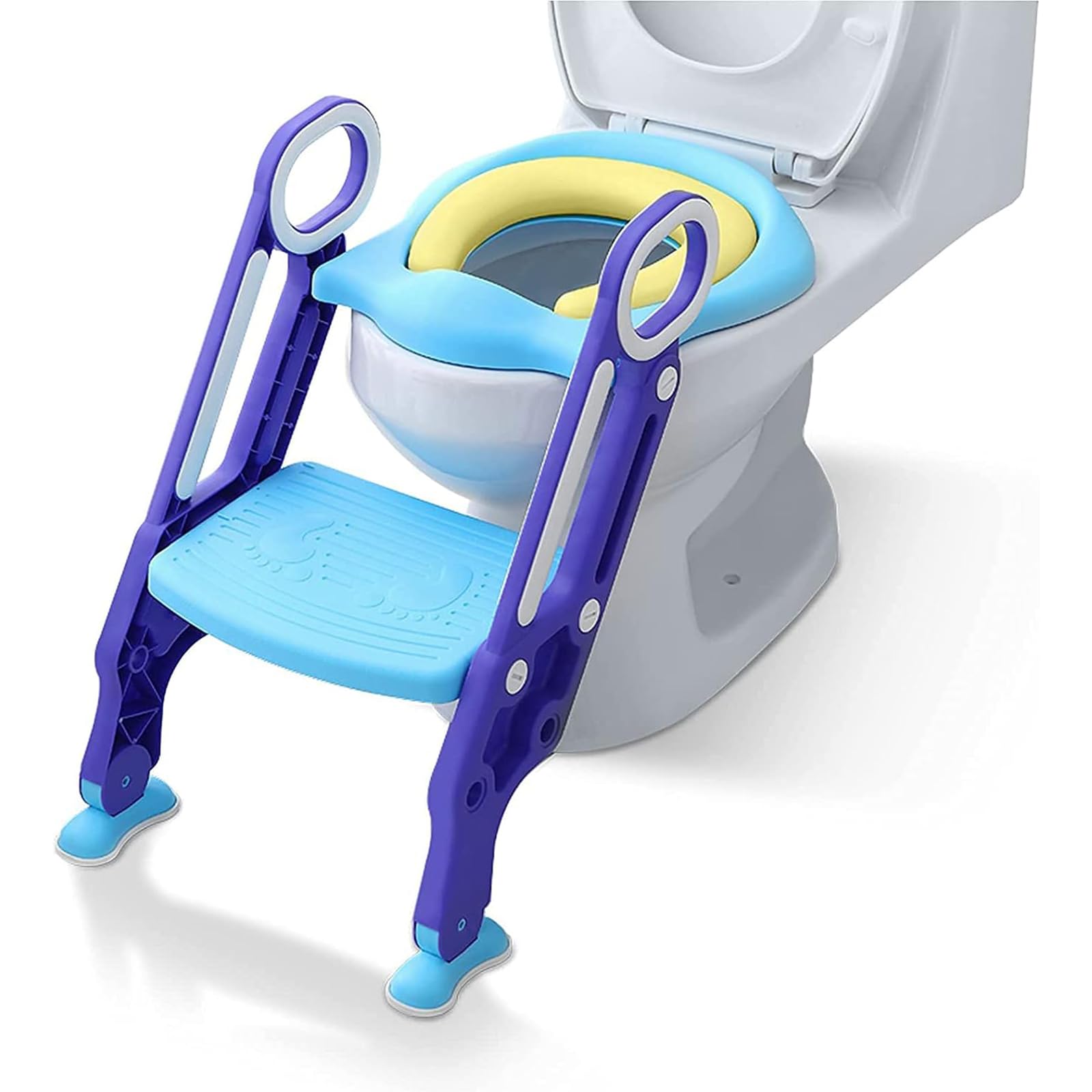 Aufun Sedile WC per bambini con scala regolabile, sedile per WC pieghevole con cuscino in poliuretano, adatto per WC da 38 a 42 cm, per bambini da 1 a 7 anni, colore: blu/lilla
