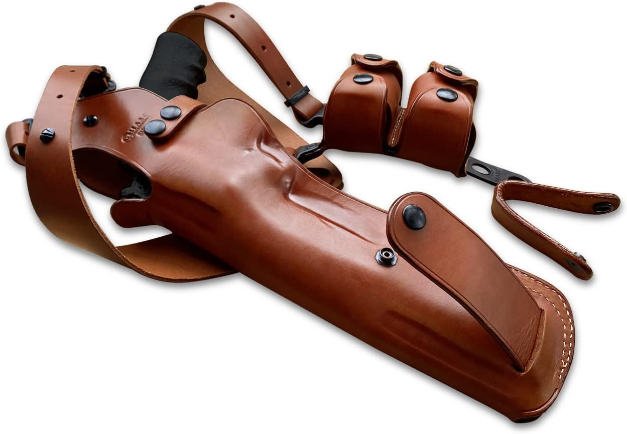 Masc Premium Leather Vertical Shoulder Holster System with Double Speed Loader Pouch, Raging Hunter 44 Mag/ 454 Casull 8-3/8" Barrel, R/H Draw Brown Color #1576#