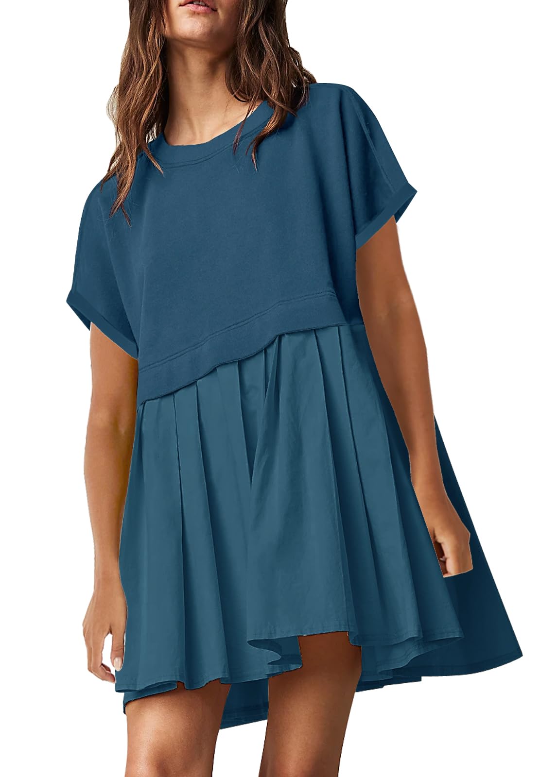 SAUKOLE Womens Summer Crew Neck Short Sleeve Dress Patchwork Pleated A Line Beach Mini Dress