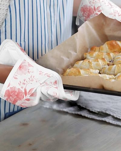 Miniatura 34 de Juego de 4 agarraderas de tela de rizo con diseño de flores navideñas para cocina, antideslizantes y aislantes de calor, con bolsillo, guantes