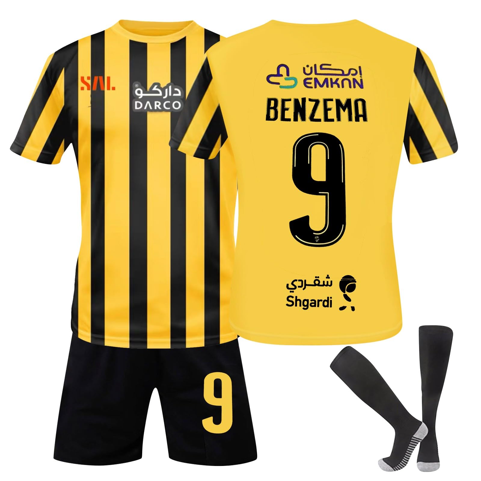 Generic Camiseta Benzema Niño del Al Ittihad Club 23/24, Nueva Camiseta Niño, Equipacion Futbol Niño, Conjunto Futbol Niño y Hombre de Camiseta, Pantalón Corto y Calcetines