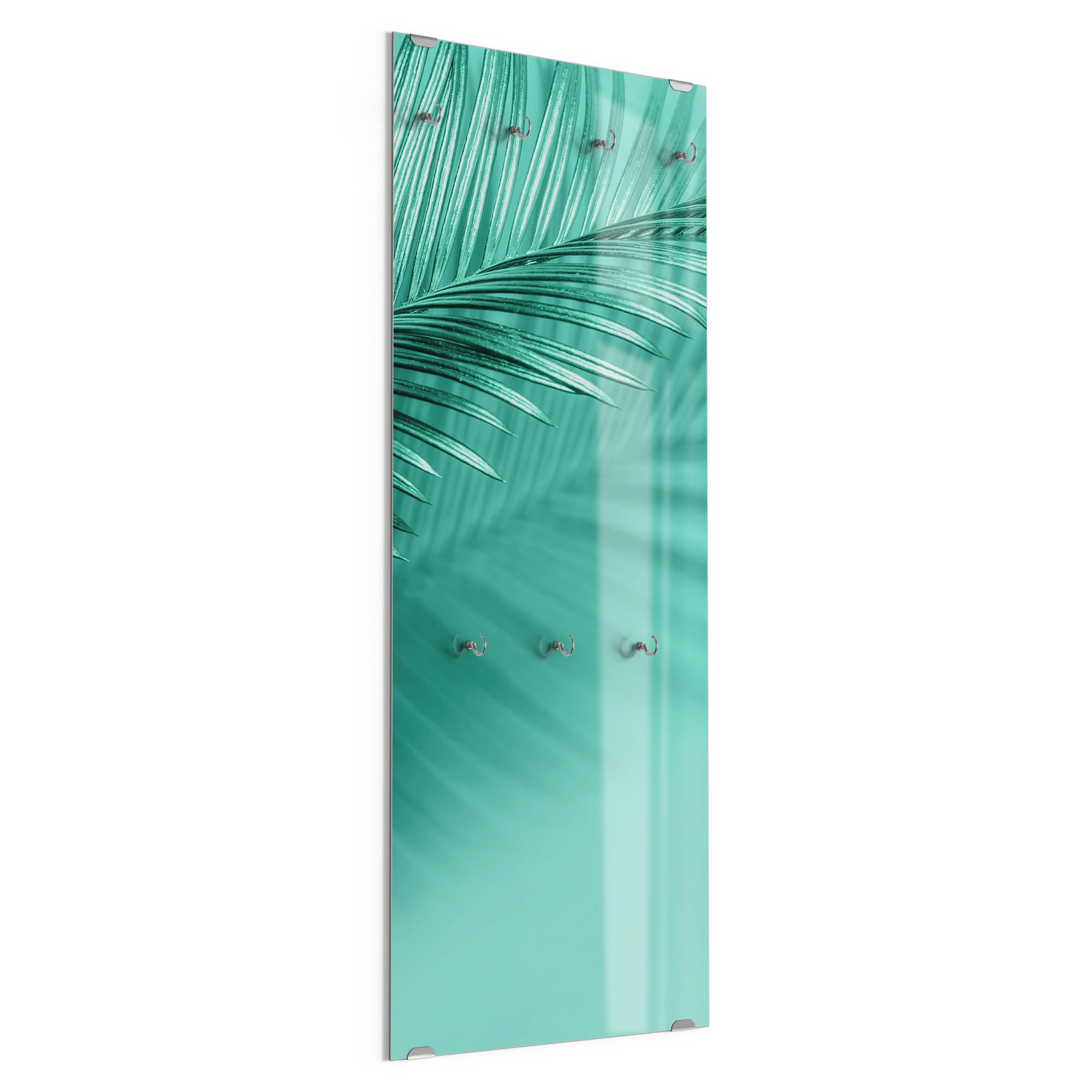 DEQORI Wieszak na ubrania ze szkła z nadrukiem motywu | wzór pionowy, 50 x 125 cm | motyw gry palm w kolorze miętowym | szkło bezpieczne ESG z 7 haczykami – możliwość pisania i łatwy montaż – łatwy w