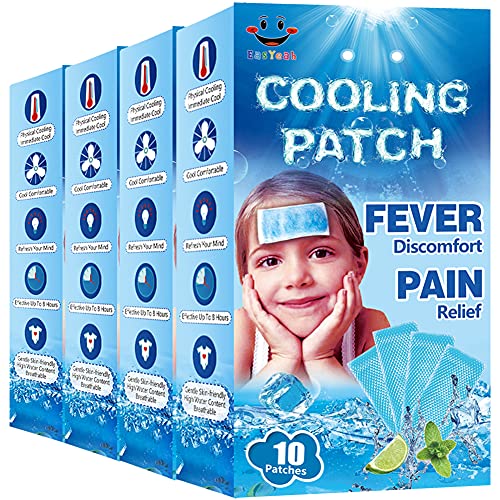 Image of 40 Sheets EasYeah Cooling Patches for Fever Discomfort & Pain Relief, Cooling Relief Fever Reducer, Soothe Headache Pain, 10 Count Per Box (4 Boxes)