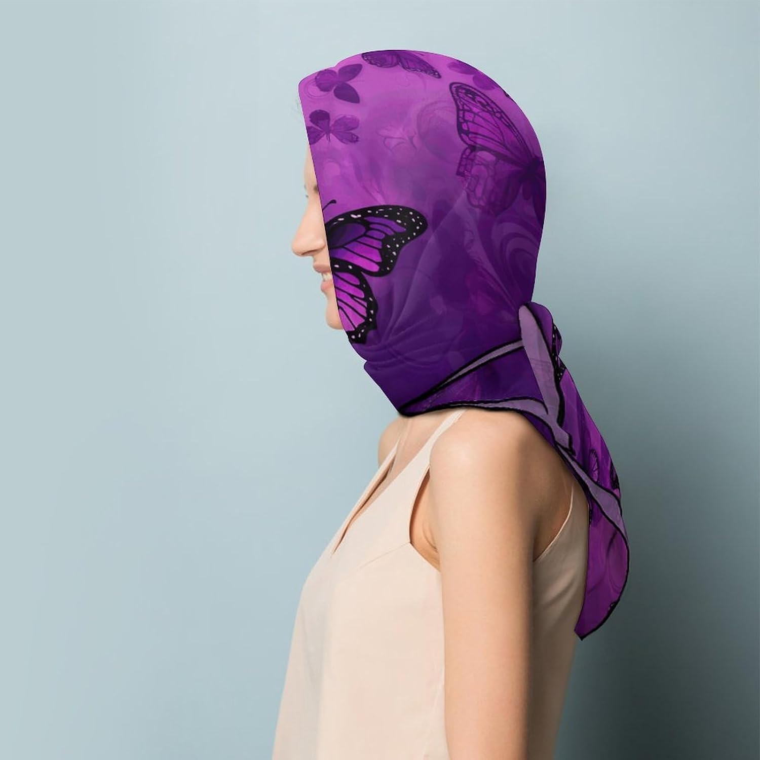 Purple Butterfly Hair Scarf for Women, Lightweight Square Head Shawls for Men, Fashion Neckerchief for Travel, Hair Bandanas, Silk Satin Neck Scarf for Sleeping, 27 Inches