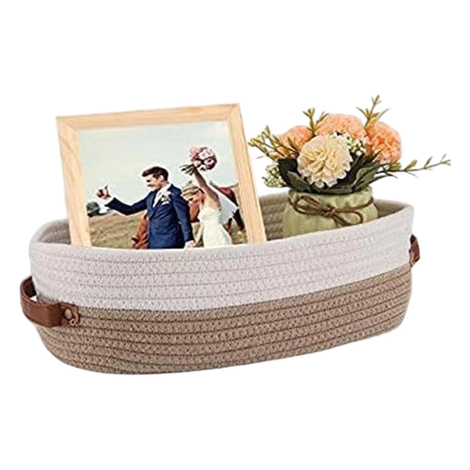 Jazuaiao Stylish Oval Shape Handwoven Cotton Rope Basket with Soft Leather Handles for Clothes Toy Storage Leather Handle Cotton Rope Storage Basket