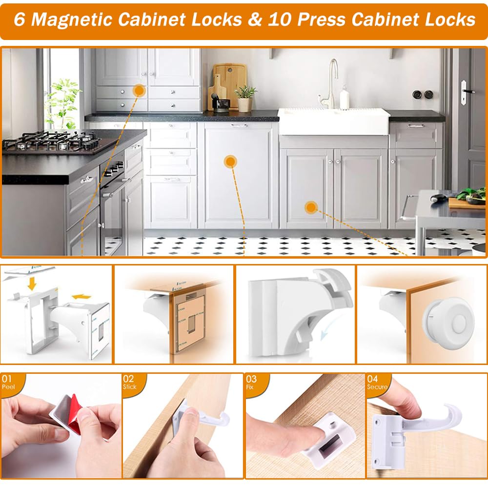 Baby Proof Kit, 112 Packungen Baby Proofing Essentials - Magnetische Schrankschlösser, Eckenschutz, Steckdosenabdeckungen, Möbelriemen, Türhebelschloss - Kindersicherungsset für Schränke, Herd