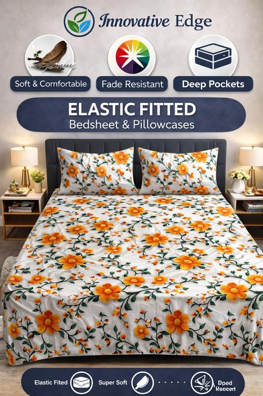 Image of Elasticated King Size Bedsheet - Cotton Feel Glace Fabric, Ultra Soft Fitted Sheet for 6 to 8 Inch Mattress, Durable & Breathable (Floral Otange)