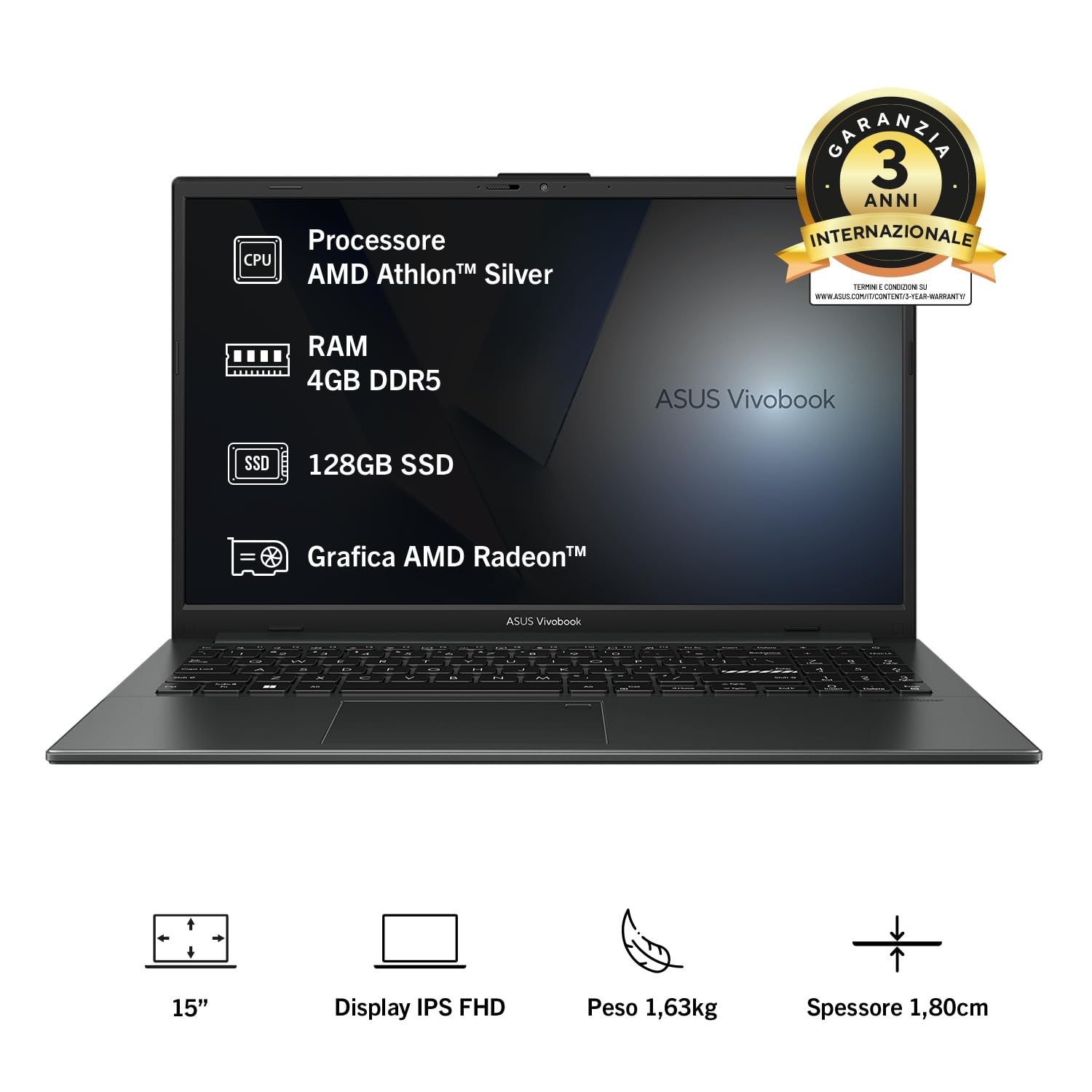 ASUS Vivobook Go 15 E1504FA Notebook 15.6" IPS Anti-glare 60Hz AMD Athlon Silver 4GB RAM 128GB SSD WIN11 Home S Nero