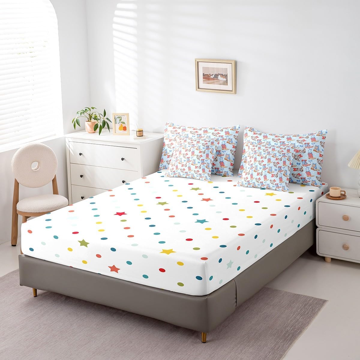 Manfei 7 Pcs American Cowgirl Blue Comforter Set,Princess Red Blue Bowknots Starry Bedding Set,Western Boots Rustic Brown Cowhide Bed Set(Comforter+Fitted+Flat Sheet+Pillowcases+Pillow Covers),Twin