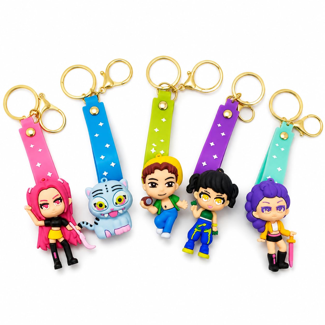 BOENJOY GIFTS- K-Pop Silicone Key Chain Set of 5 | Cute Character Keychains with Soft Silicone Wrist Strap & Gold Metal Key Ring | Bag Charm for Keys, Backpack, Handbag, Travel & Gift-image-49