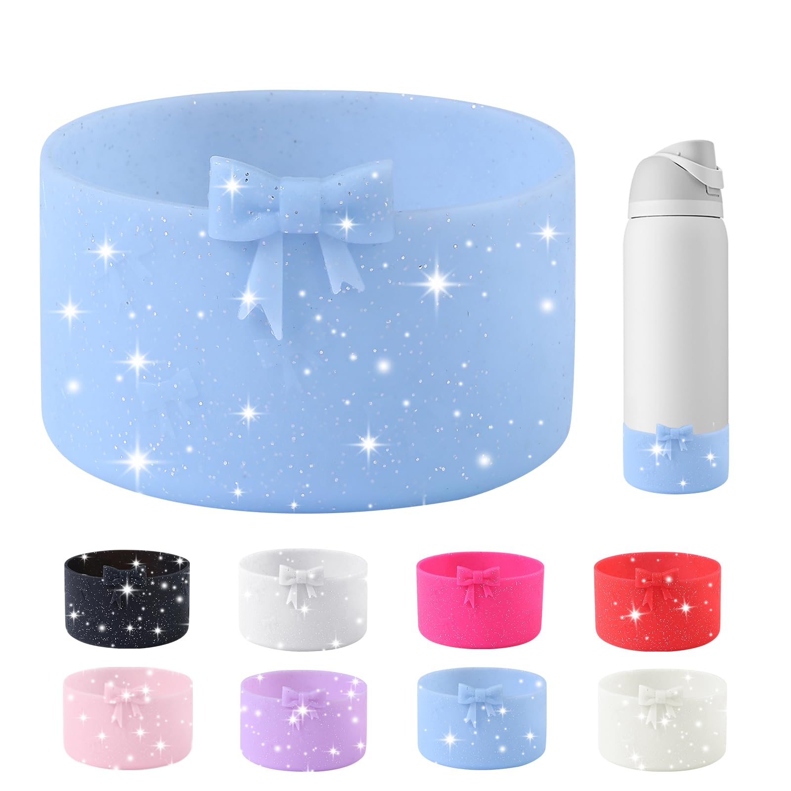 YAYAYOUNG Glitter Bow Silicone Boot for Owala 32oz Water Bottle,Anti-Slip Protective Sleeve Bottom Bumper Protector for FreeSip, Twist, and Flip Stainless Steel Water Bottles Accessories-Blue