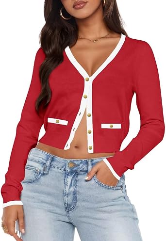 LEEDYA Womens Long Sleeve Cardigan Open Front Knit Cropped Sweaters Fall Color Block Button Down V Neck Lightweight Tops