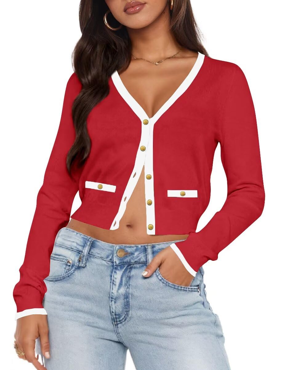 LEEDYA Womens Long Sleeve Cardigan Open Front Knit Cropped Sweaters Fall Color Block Button Down V Neck Lightweight