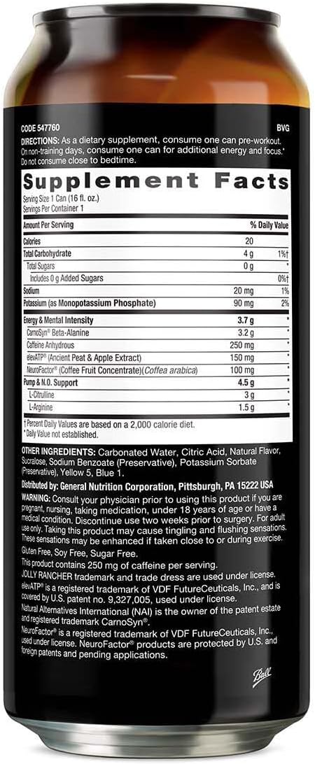 BEYOND RAW Lit On-The-Go | Ready to Drink Cans | Contains Caffeine, L-Citruline, and Beta-Alanine | Nitrix Oxide Preworkout Supplement | Jolly Rancher Green Apple | 12 Cans