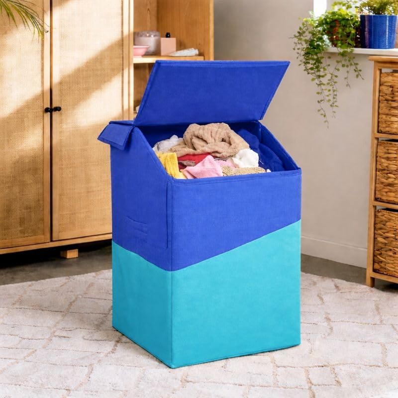 Image of 75L Large Laundry Basket with Lid, Foldable Non-Woven Fabric Clothes Hamper with Durable Handles, Heavy Duty Storage Bag for Bedroom, Bathroom, Nursery & Toys, Space-Saving Organizer (cross blue)
