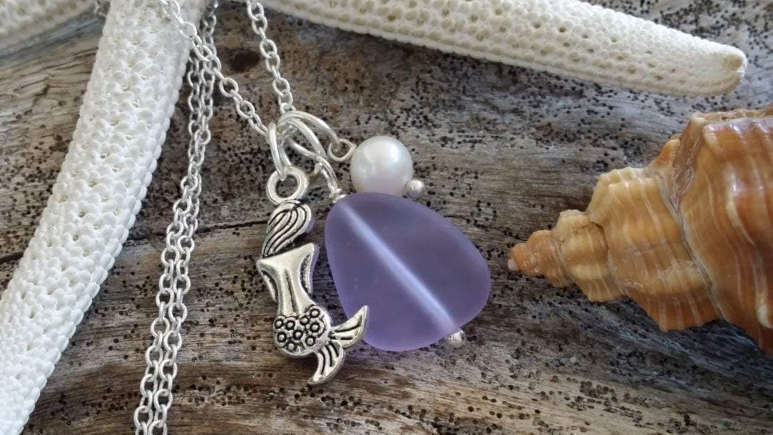 Handmade Magical Color Changing purple sea glass necklace, mermaid charm, Natural pearl, February Birthstone, (Hawaii Gift Wrapped