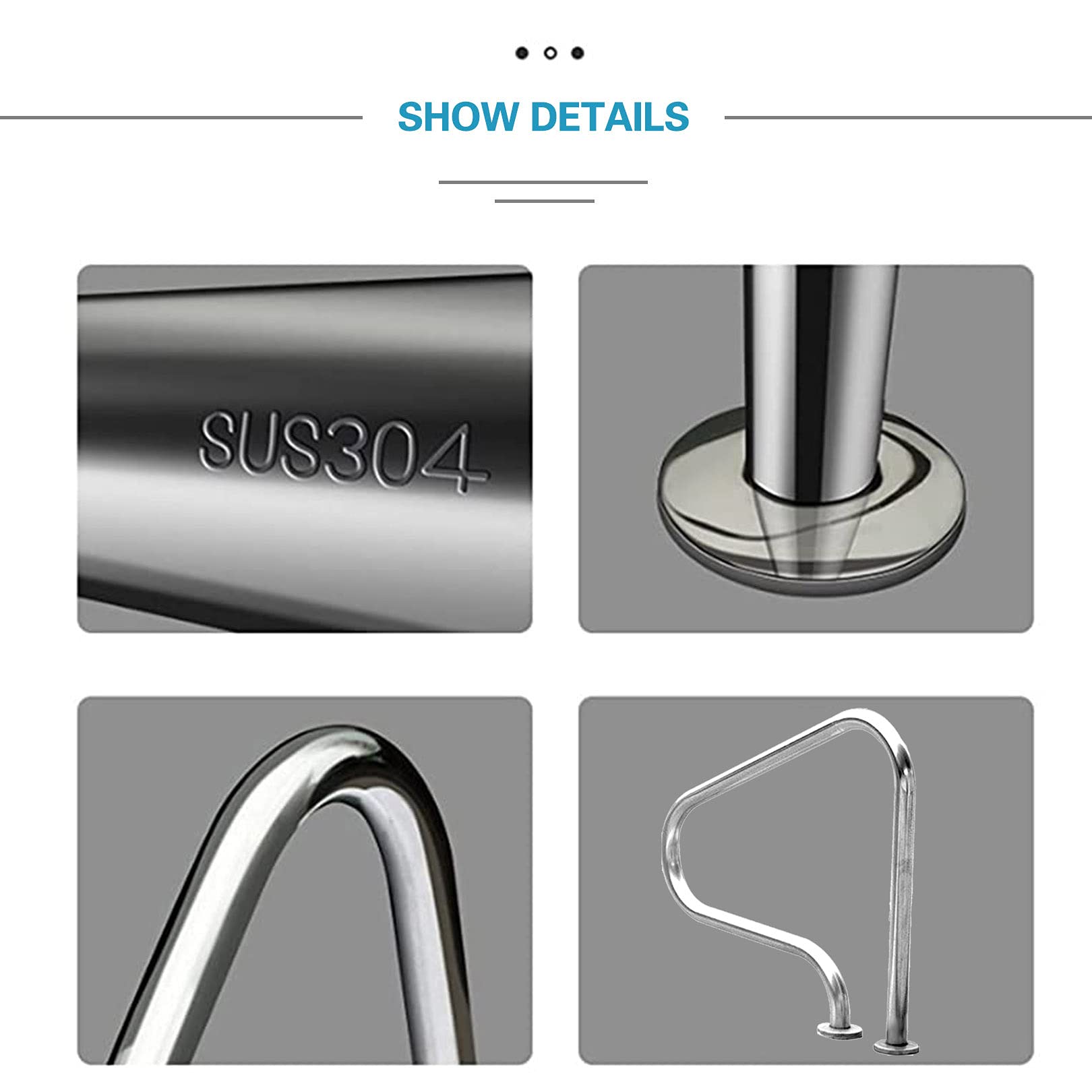 Swimming Pool Safety Hand Rail Pool Handrails Pool Rail 304 Stainless Steel 250LBS Load Capacity Silver Rustproof Pool Handrail Humanized Swimming Pool Handrail with Screws (Thick 1.5mm)
