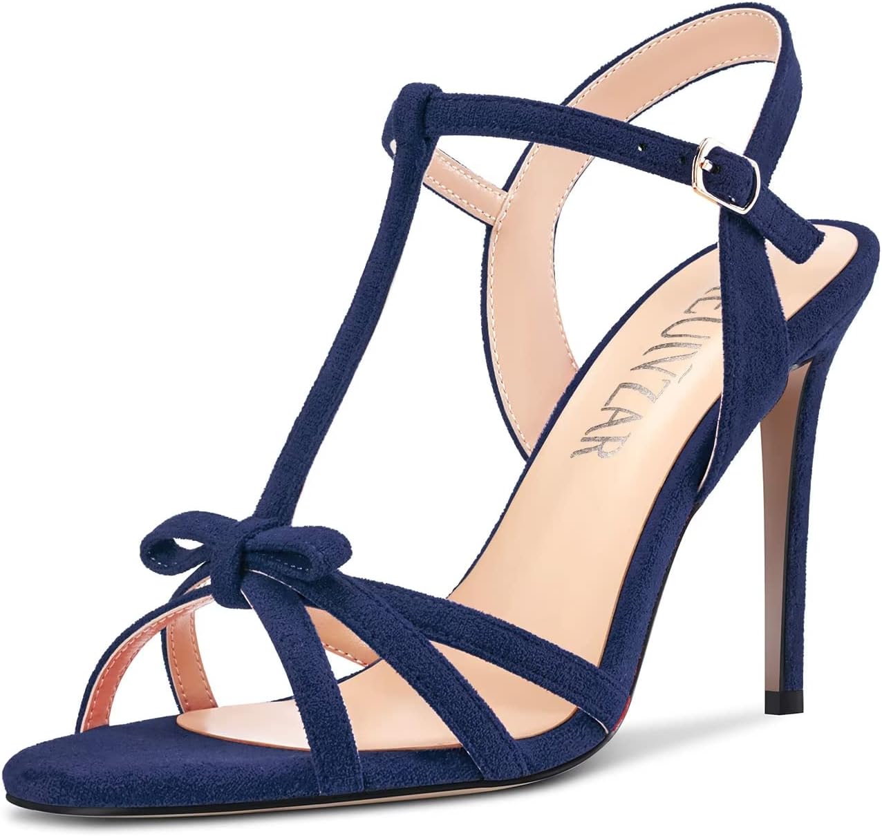 HEUIVZAR Women Stiletto High Heel Peep Open Toe Pumps T-Strap Buckle Bow-Knot Wedding Dress 3.9 Inches Heels