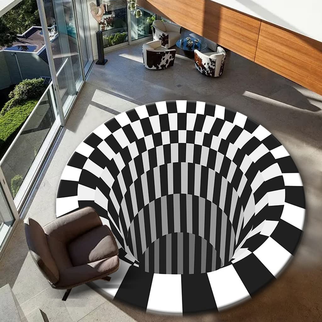 Tapis rond à impression abstraite vortex et illusion d'optique noir et blanc