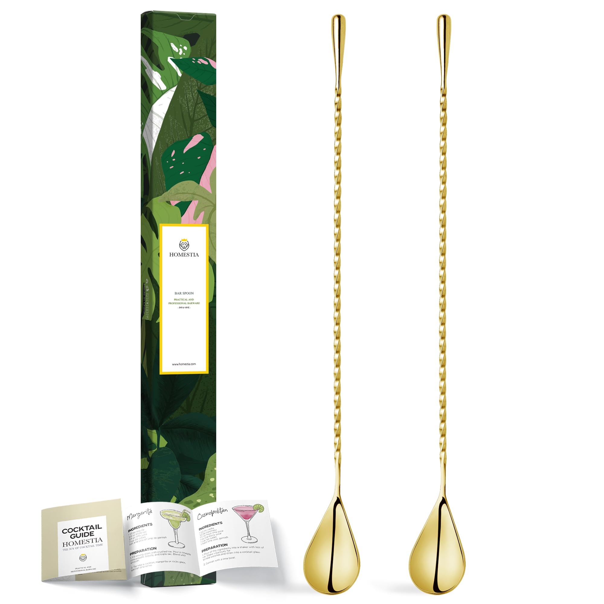 12-Inch Bar Spoon, Long Twisted Stem Handle Mixing Stirrers for Drink, Stainless Steel Bar Cocktail Shaker Spoon, Teardrop Weight Barspoon Japanese Style, 2PCS Gold