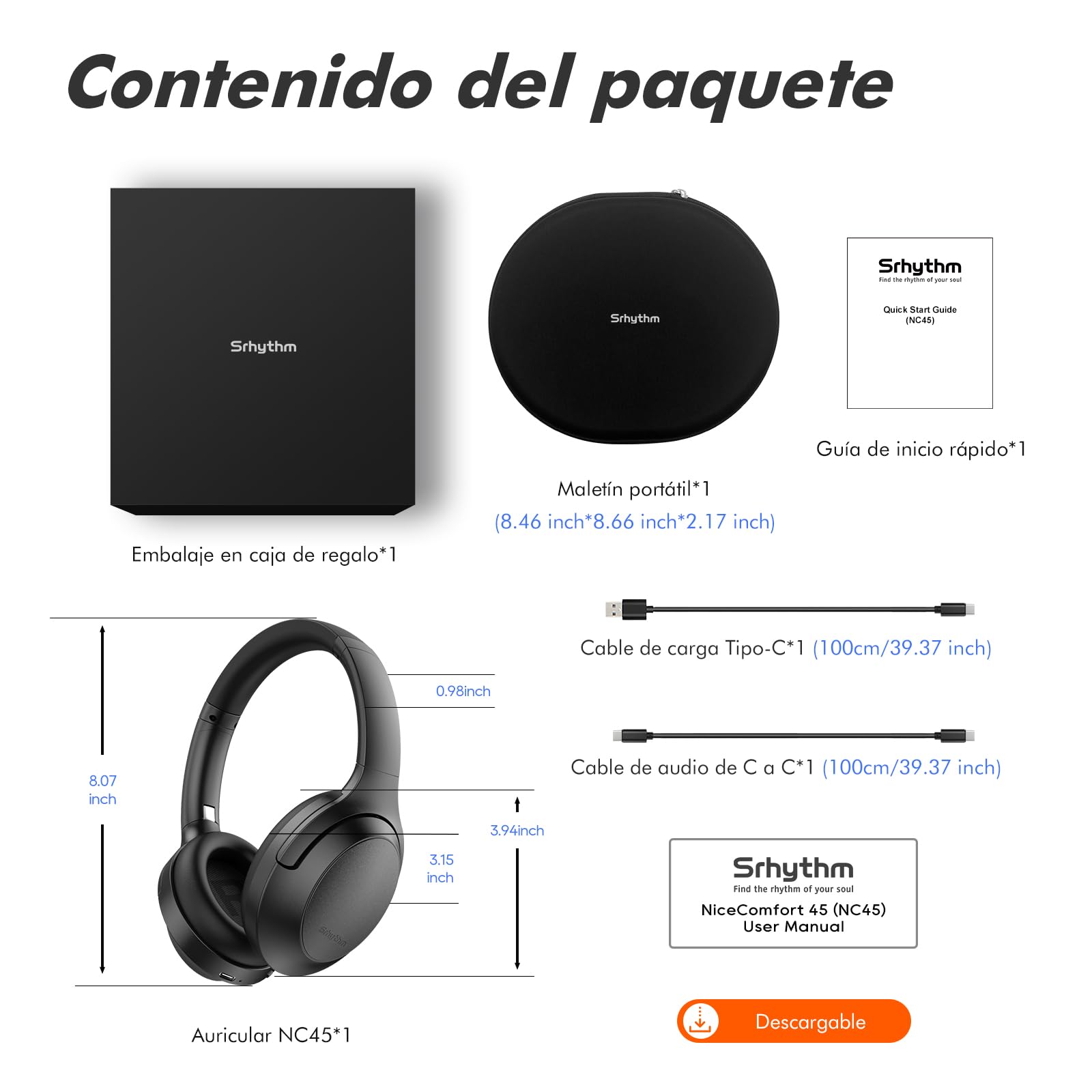 Srhythm NC45 Auriculares con cancelación Activa de Ruido, Auriculares inalámbricos Bluetooth sobre la Oreja con micrófono de Graves Profundos, Plegables y duraderos, Tiempo de reproducción de 40H
