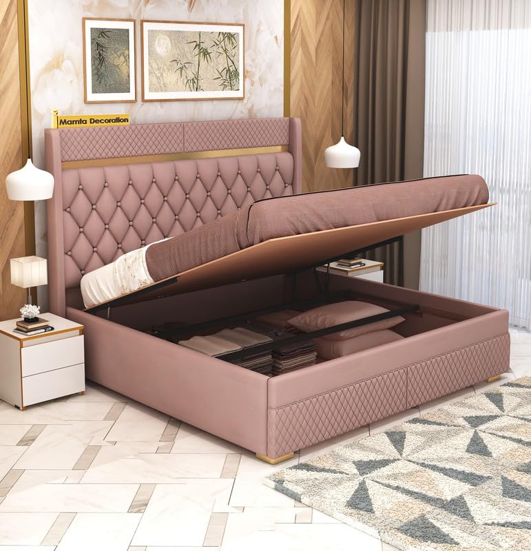 Image of MAMTA DECORATION Solid Wood King Size Bed with Hydraulic Box Storage | Premium Velvet Upholstered Tufted Headboard Double Bed | Wooden Cot Bed for Bedroom, Home, Hotel & Guest Room | Onion Pink Finish