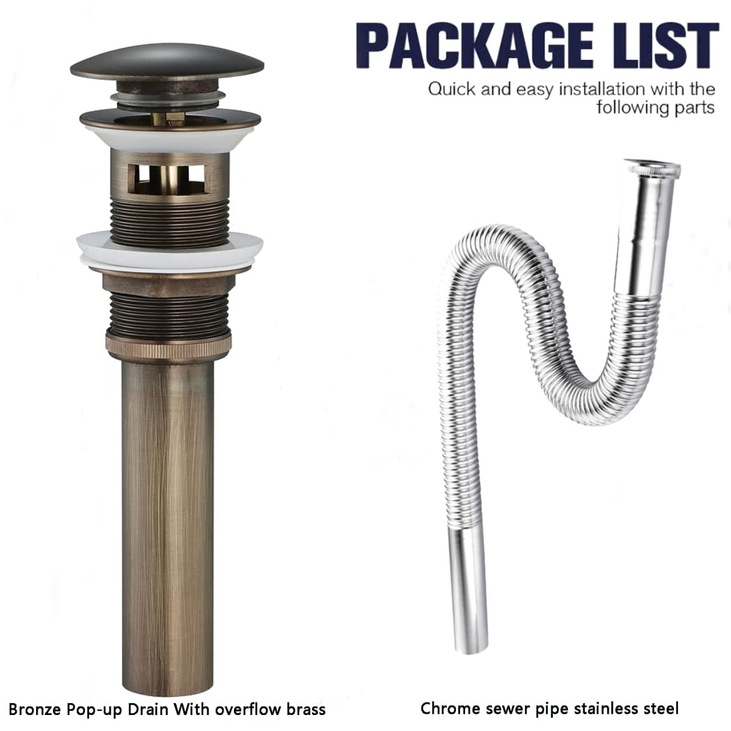 WRIST Drenaje del Lavabo del Baño, Desagüe Emergente del Fregadero del Recipiente con Tapón De Cesta Desmontable Desagüe del Baño De Latón con Manguera De Acero Inoxidable Y Rebosadero,Brozne